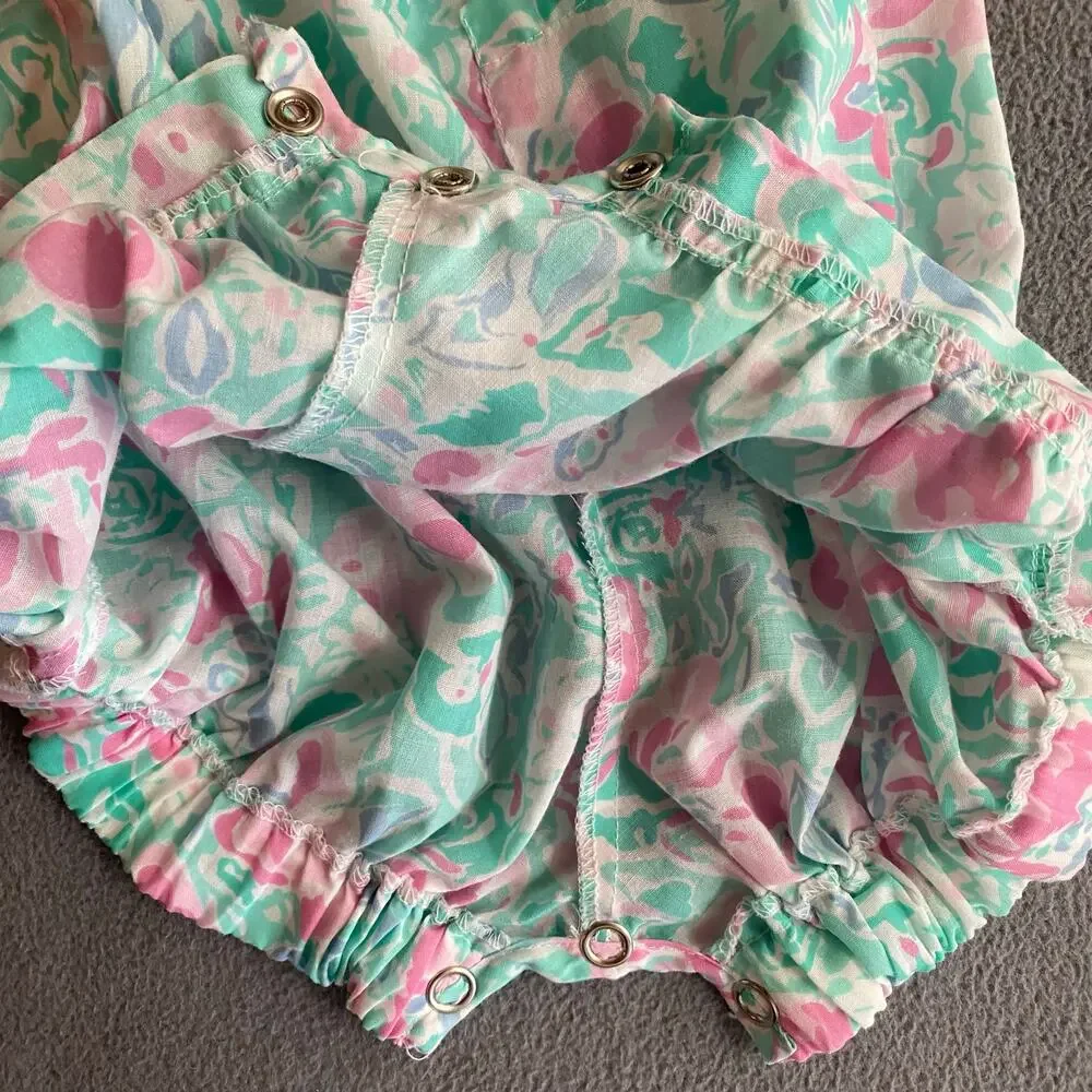 Vintage 80s 90s Lightning Bug Romper Playsuit‎ Kids 2T Floral Ruffle Bow Collar